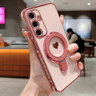 For Samsung Galaxy A16 5G / 4G Case Kickstand Electroplating Love Printing TPU Back Cover - Rose Pink