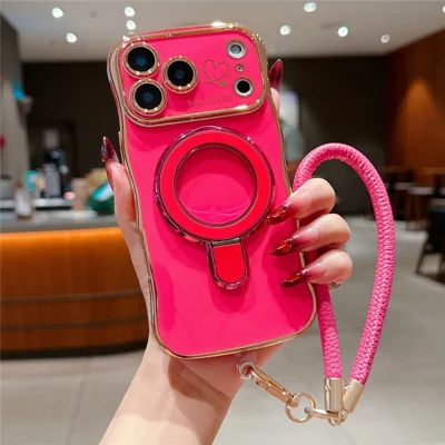 Voor iPhone 18 Pro Max / 17 Pro Max Hoesje met Standaard Elektrolytisch Gegalvaniseerde Golfvormige Rand Hartmotief TPU Achterklep met Handvanger - Roze