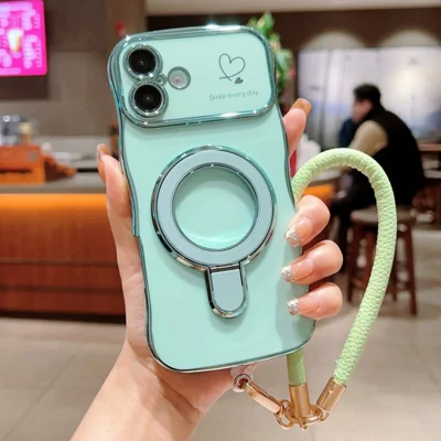 For iPhone 16 Case Kickstand Electroplating Wave Frame Love Printing TPU Back Cover with Hand Strap - Green