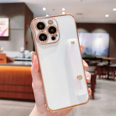 Cover per iPhone 15 Pro con Supporto a Striscia, Bordo Elettrodepositato, Custodia in TPU - Bianco Avorio