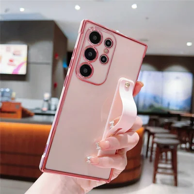 Custodia TPU per Samsung Galaxy S24 Ultra con Supporto da Polso, Telaio Placcato, Copertura Anticaduta - Rosa