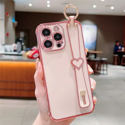 For iPhone 15 Pro Case Heart Wristband Kickstand Electroplated TPU Phone Cover - Pink