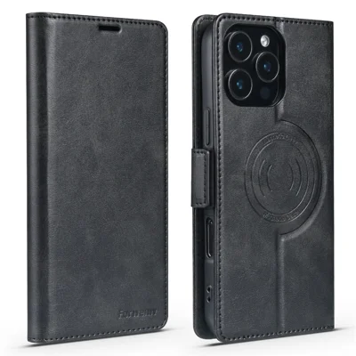 FORWENW F10 für iPhone 16 Pro Magnetische Hülle PU-Leder Brieftasche Ständer Handycover - Schwarz
