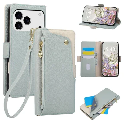 For iPhone 18 Pro Max / 17 Pro Max Case Dual Color Zipper Pocket Wallet Leather Phone Cover with Wrist Strap - Blue
