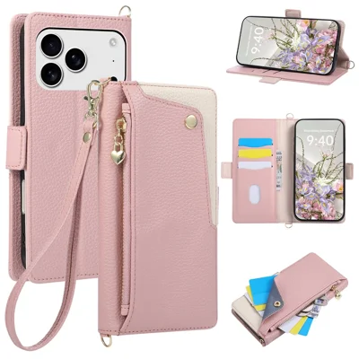 For iPhone 18 Pro / 17 Pro Case Dual Color Zipper Pocket Wallet Leather Phone Cover with Wrist Strap - Pink