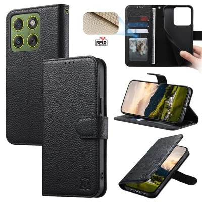Coque pour Motorola Edge 60 Fusion 5G / Edge 60 5G, portefeuille avec blocage RFID, cuir pleine fleur texturé, - Noir