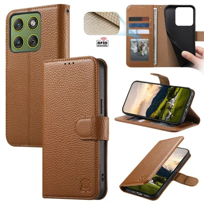 Étui pour Motorola Edge 60 Pro 5G, portefeuille avec protection RFID, en cuir pleine fleur texturé, - Marron
