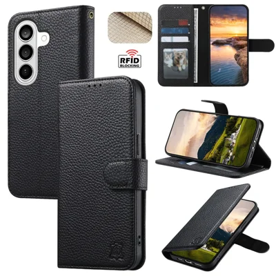 For Samsung Galaxy S26 FE Case RFID Blocking Wallet Split Leather Phone Cover - Black