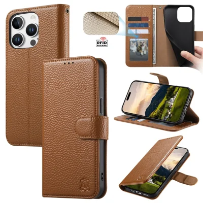 For iPhone 16 Pro Max Case RFID Blocking Wallet Split Leather Phone Cover - Brown