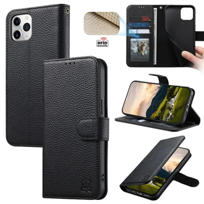 For iPhone 12 / 12 Pro Case RFID Blocking Wallet Split Leather Phone Cover - Black