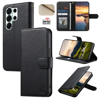 For Samsung Galaxy S24 Ultra Case RFID Blocking Wallet Split Leather Phone Cover - Black