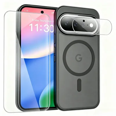 Capa Magnética para Google Pixel 11, Capa de Telemóvel TPU + PC Anti-impressão Digital com Protetor de Ecrã de Vidro de Alta Alumina-silício + Protetor de Lente de Vidro Temperado - Preto