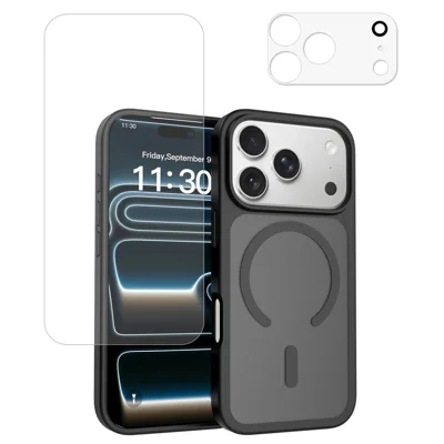  For iPhone 17 Pro Magnetic Case TPU + PC Anti-Fingerprint Phone Cover with High Aluminium-silicon Glass Screen Protector + Tempered Glass Lens Protector - Black