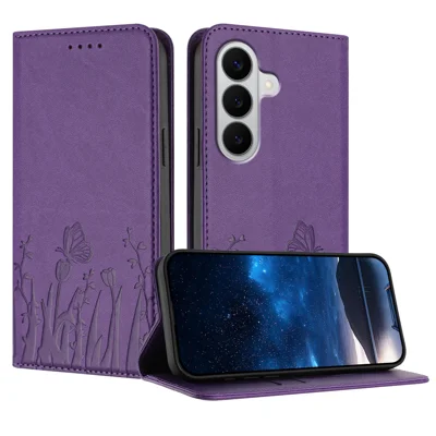  Cover per telefono portafoglio in ecopelle con chiusura magnetica e motivo tulipani e farfalle per Samsung Galaxy S26 / Galaxy S27 - Viola scuro