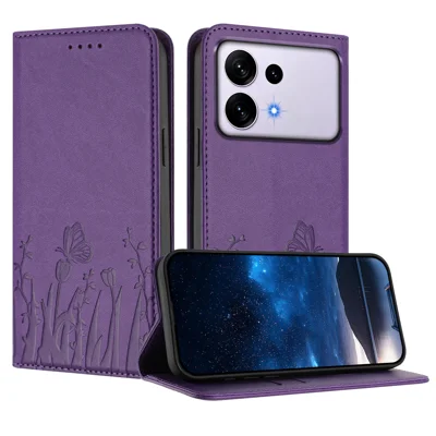  For Samsung Galaxy S27 Ultra Tulip and Butterfly Pattern Magnetic Closure PU Leather Wallet Phone Cover - Deep Purple