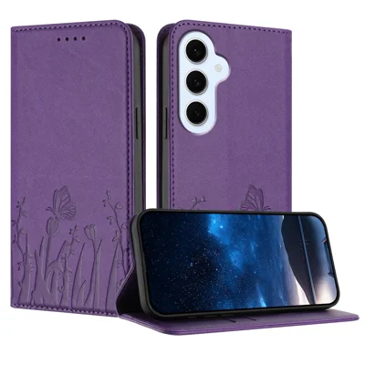  For Samsung Galaxy S25 FE / Galaxy S26 FE Tulip and Butterfly Pattern Magnetic Closure PU Leather Wallet Phone Cover - Deep Purple