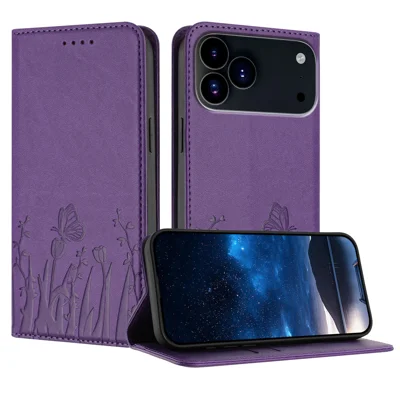  For iPhone 17 Pro Max / iPhone 18 Pro Max Tulip and Butterfly Pattern Magnetic Closure PU Leather Wallet Phone Cover - Deep Purple
