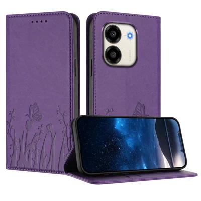  For Honor X6e 4G / Honor Play 80 Plus 5G / Honor X7e 4G Tulip and Butterfly Pattern Magnetic Closure PU Leather Wallet Phone Cover - Deep Purple