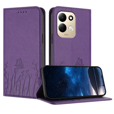  For Xiaomi Redmi 17 5G / Xiaomi Redmi 17 4G Tulipan- og sommerfuglmønster, magnetlukning, PU-læder, tegnebogshylster til telefon - dyb lilla