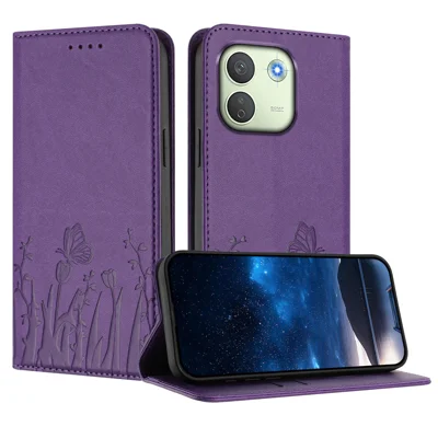 Futerał na Xiaomi Redmi Note 17 Pro Max 5G / Xiaomi Redmi Note 17 Pro+ 5G z motywem tulipanów i motyli, magnetyczny zamek, skóra PU, styl portfel - ciemnopurpurowy