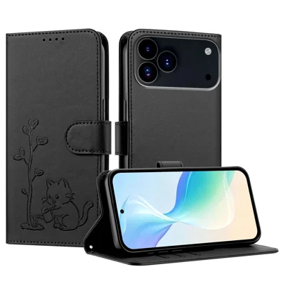 Til iPhone 17 Pro Max / iPhone 18 Pro Max Case Kat vander plantemønster PU-læder Wallet Stand telefon dækning - Sort