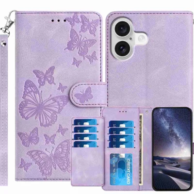 For iPhone 16 Wallet Case with 8 Card Slot Stand Imprinted Butterfly Pattern PU Leather Phone Cover with Wrist Strap - Purple