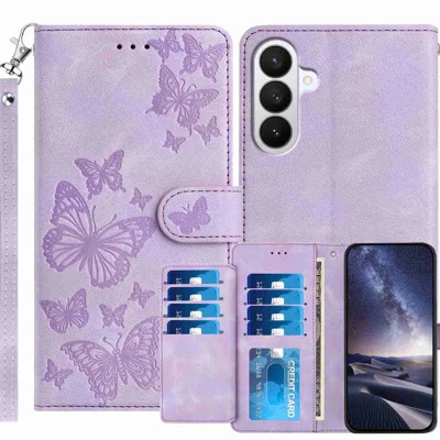 Cover portafoglio per Samsung Galaxy S27 con supporto e 8 slot per carte, motivo a farfalla stampato, in ecopelle con tracolla - Viola