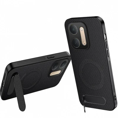  WANLONFENG for Xiaomi Redmi 17C 5G QT Series Magnetic Case Kickstand Carbon Fiber Texture PC TPU Phone Cover - Black