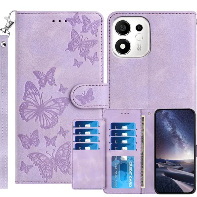  For Honor X7e Plus 5G / Honor 600 Smart 5G Wallet Case with 8 Card Slot Stand Imprinted Butterfly Pattern PU Leather Phone Cover with Wrist Strap - Purple