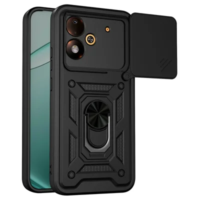 For Xiaomi Poco M8 Power 5G Case with Slide Camera Lid PC + TPU Kickstand Phone Cover - Black