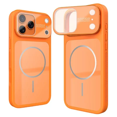For iPhone 18 Pro Max / 17 Pro Max Magnetic Case Flip Lens Cover Grip Kickstand PC + TPU Shockproof Phone Cover - Orange