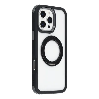 Voor iPhone 16 Pro hoesje draaibare magnetische kickstand TPU + Acryl stootvaste telefoonhoes - Zwart