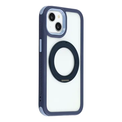 For iPhone 14 / 13 Case Rotating Magnetic Kickstand TPU + Acrylic Shockproof Phone Cover - Dark Blue
