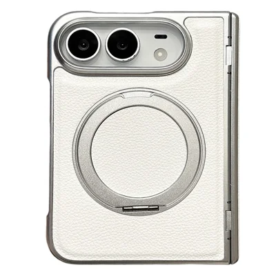For iPhone Duo Case Rotationsstøtte med magnetisk kickstand, litchi-struktur af PU-læder, beskyttende foldet telefoncase - elfenbenshvid