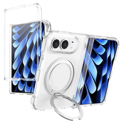 For iPhone Duo Case with HD Tempered Glass Screen Protector Rotating Kickstand Hinge Protection Hard PC Phone Cover - Transparent