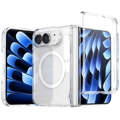 For iPhone Duo Magnetic Case with HD Tempered Glass Film Hinge Shockproof Foldable Phone Cover - Transparent
