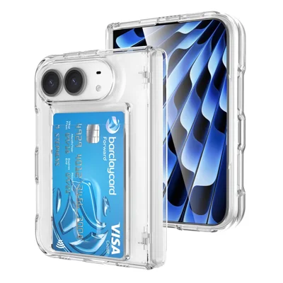 For iPhone Duo Case with HD Tempered Glass Film Card Holder Folding Phone Cover - Transparent