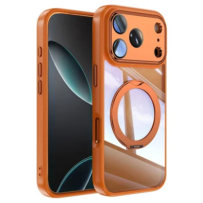 For iPhone 18 Pro Max / 17 Pro Max Case Rotating Kickstand Acrylic TPU Metal Armor Shockproof Phone Cover - Orange