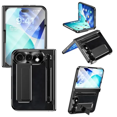 For iPhone Duo Case Pen Slot Leather + PC Kickstand Phone Cover with Tempered Glass Film, Stylus - Black