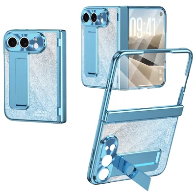 For iPhone Duo Case Hidden Kickstand Glitter PC Phone Back Cover with Tempered Glass Screen Protector / Metal Lens Protector - Blue
