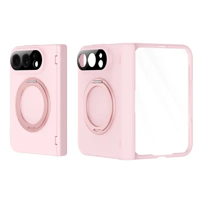 Voor iPhone Duo hoesje met gehard glasfolie, draaibare standaard, volledige scharnierbescherming, telefoonhoesje - Roze