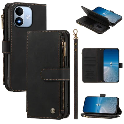 Etui skórzane z portfelem na 9 kart z zamkiem błyskawicznym i podstawką z paskiem na nadgarstek do Xiaomi Redmi Note 17 4G (Global) / Xiaomi Redmi Note 17 5G (Global) / Xiaomi Redmi Note 17 (Indie/Chiny) 5G - Czarny