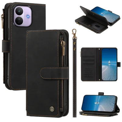  For Xiaomi Redmi Note 17 Pro 5G Leather Case 9 Card Slots Zipper Wallet Stand Phone Cover with Wrist Strap - Black