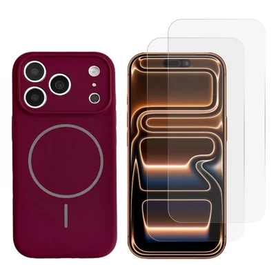 Чехол для iPhone 18 Pro Max / 17 Pro Max с магнитом, из жидкой силиконовой резины, с 2 защитными плёнками HD, цвет винного красного