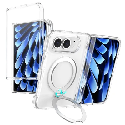 For iPhone Duo Case with HD Tempered Glass Film Rotating Kickstand Full-Coverage Anti-Fall Hard PC Phone Cover - Transparent