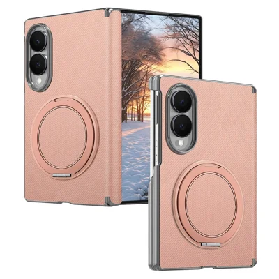 Voor Samsung Galaxy Z Fold8 Hoesje Roterende Magnetische Standaard Stoffenstructuur Leren Stootvaste Telefoonhoes - Roze
