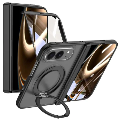 Cover per iPhone Duo con Supporto Magnetico Girevole, Custodia Opaca in PC con Protezione per Schermo in Vetro Temperato - Nero