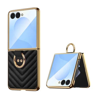 Cover per Samsung Galaxy Z Flip8 con Motivo a Forma di V e Supporto con Anello per Dita - Nero