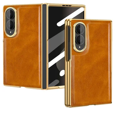For Samsung Galaxy Z Fold8 Case Crazy Horse Texture PU Leather + PC Anti-Slip Phone Cover Built-in Screen Protector - Brown