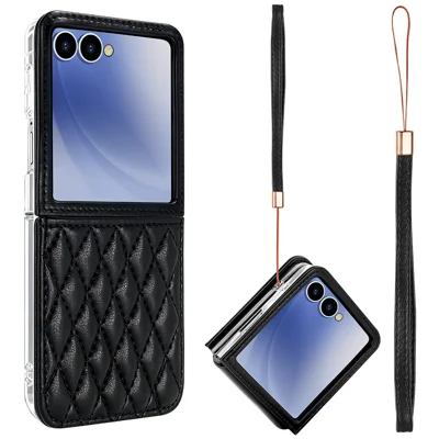 For Samsung Galaxy Z Flip8 Case with Strap Card Slot PU+PC Phone Back Cover - Black